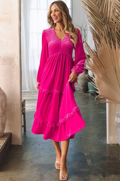 Frill V-Neck Balloon Sleeve Tiered Dress  Sunset and Swim   