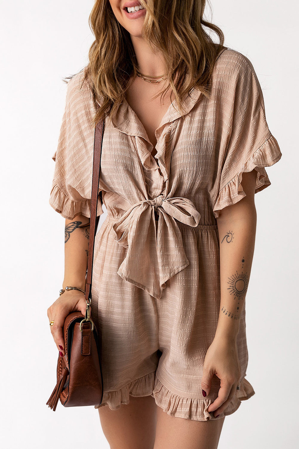 Striped Tie Detail Ruffled Romper with Pockets Playsuit  Sunset and Swim   