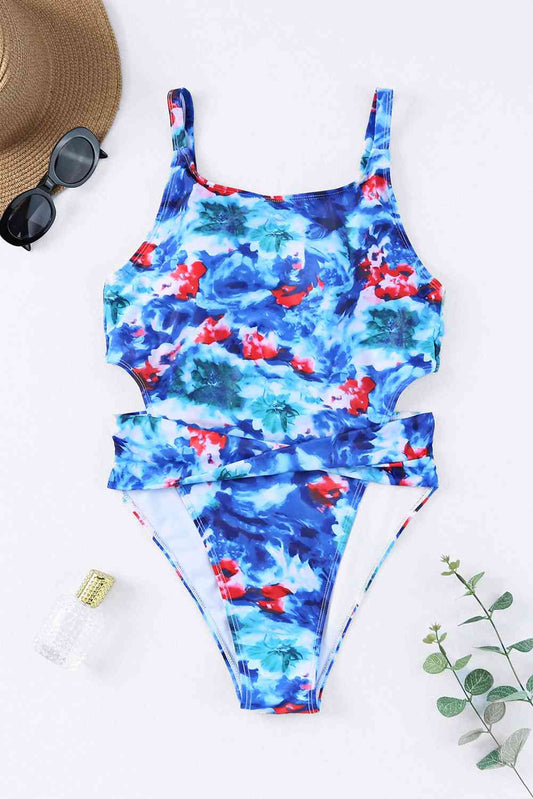 Sunset Vacation  Floral Cutout Sleeveless One-Piece Swimsuit  Sunset and Swim Sky Blue S 