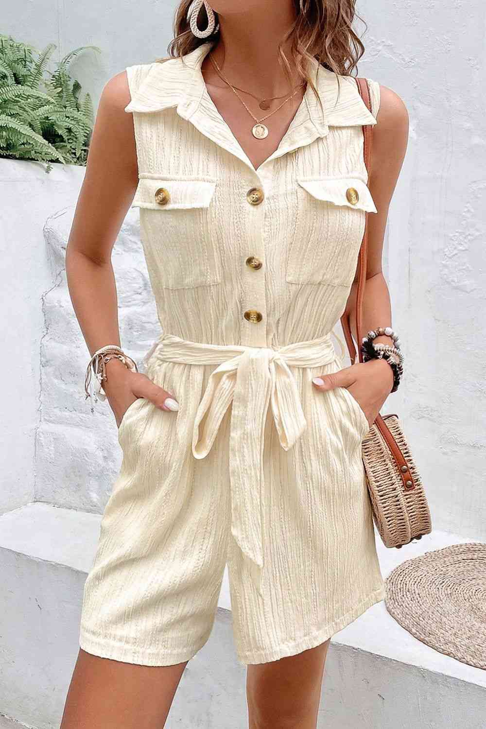 Collared Neck Buttoned Tie Waist Sleeveless Romper Sunset and Swim   