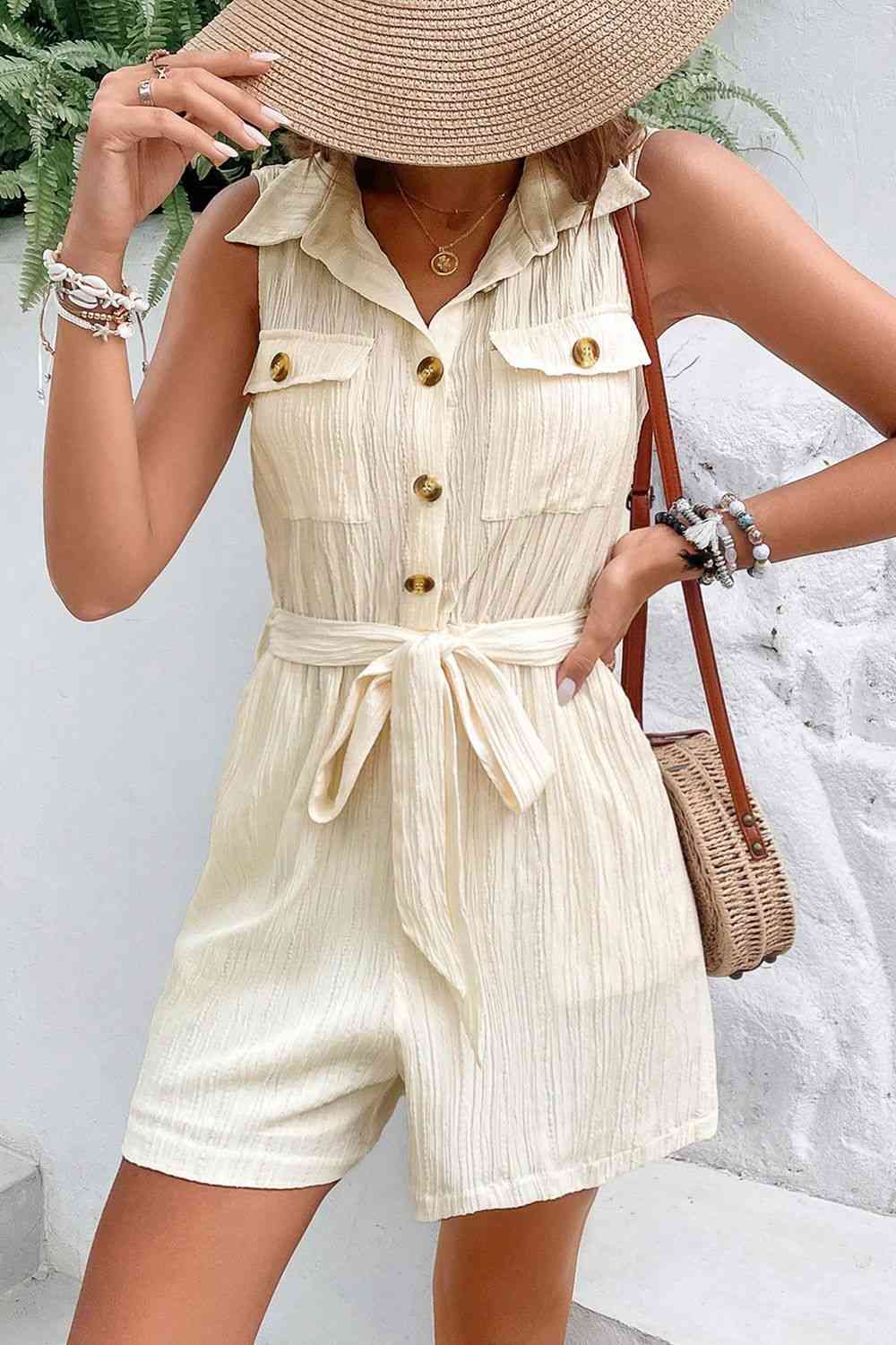 Collared Neck Buttoned Tie Waist Sleeveless Romper Sunset and Swim   