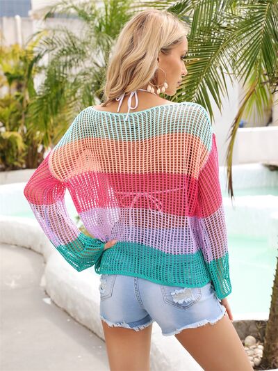 Sunset Vacation  Color Block Openwork Boat Neck Cover Up Sunset and Swim   