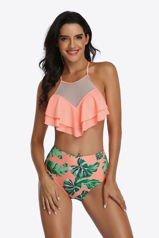 Tropical Print Ruffled Two-Piece Swimsuit  Sunset and Swim Coral S 