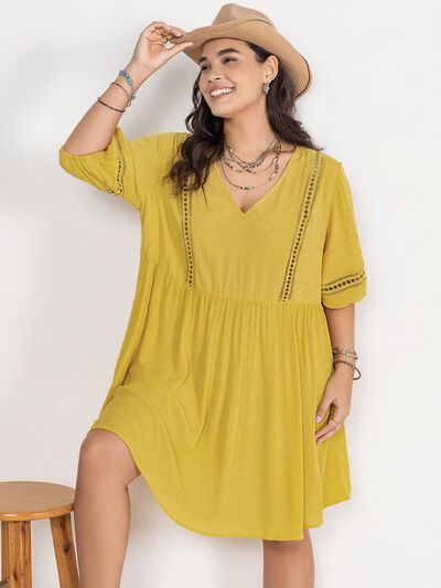 Plus Size Eyelet Swiss Dot Half Sleeve Mini Dress Sunset and Swim True Yellow 0XL 