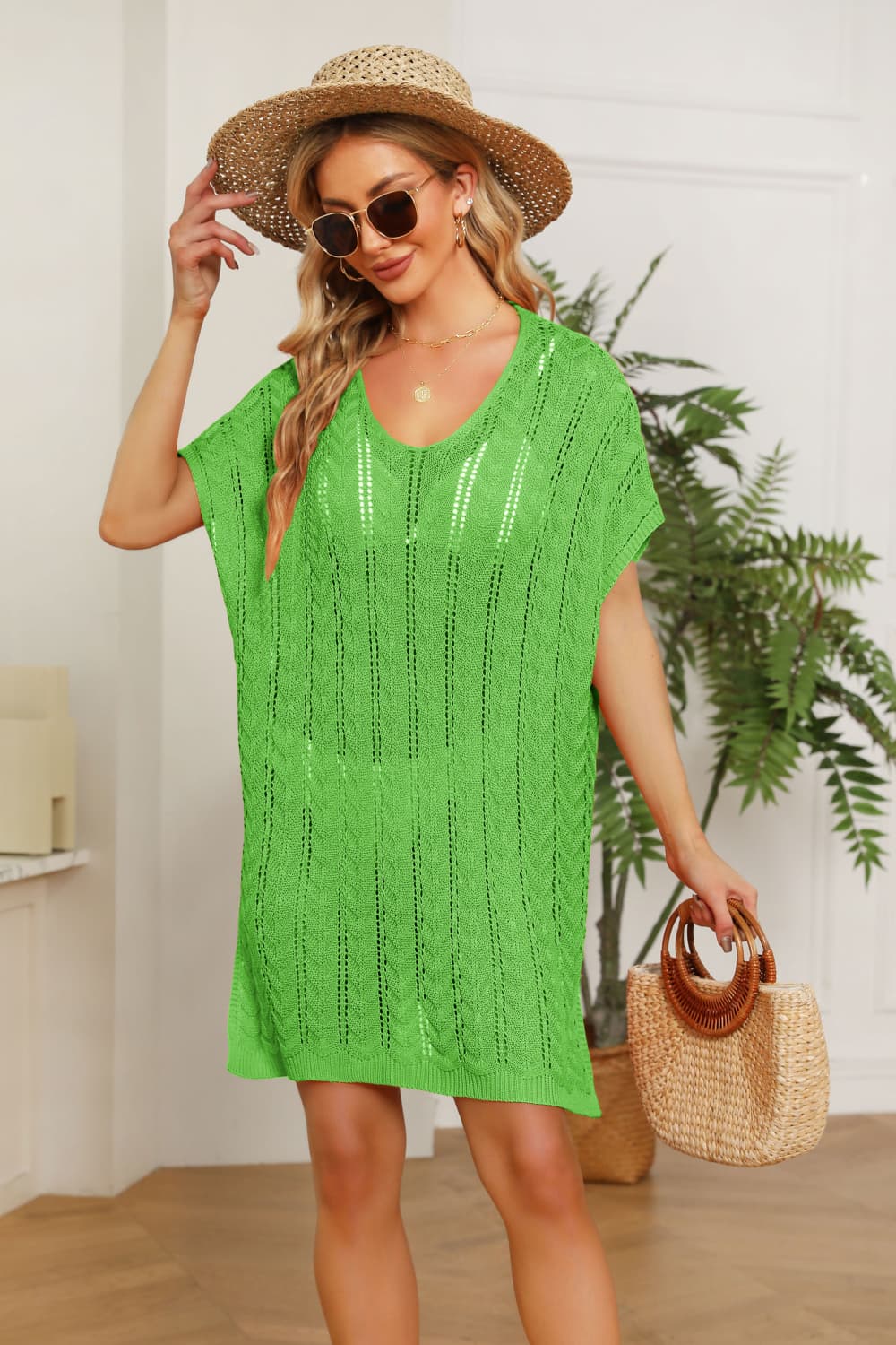 Openwork Side Slit Knit Dress Sunset and Swim Mid Green One Size 