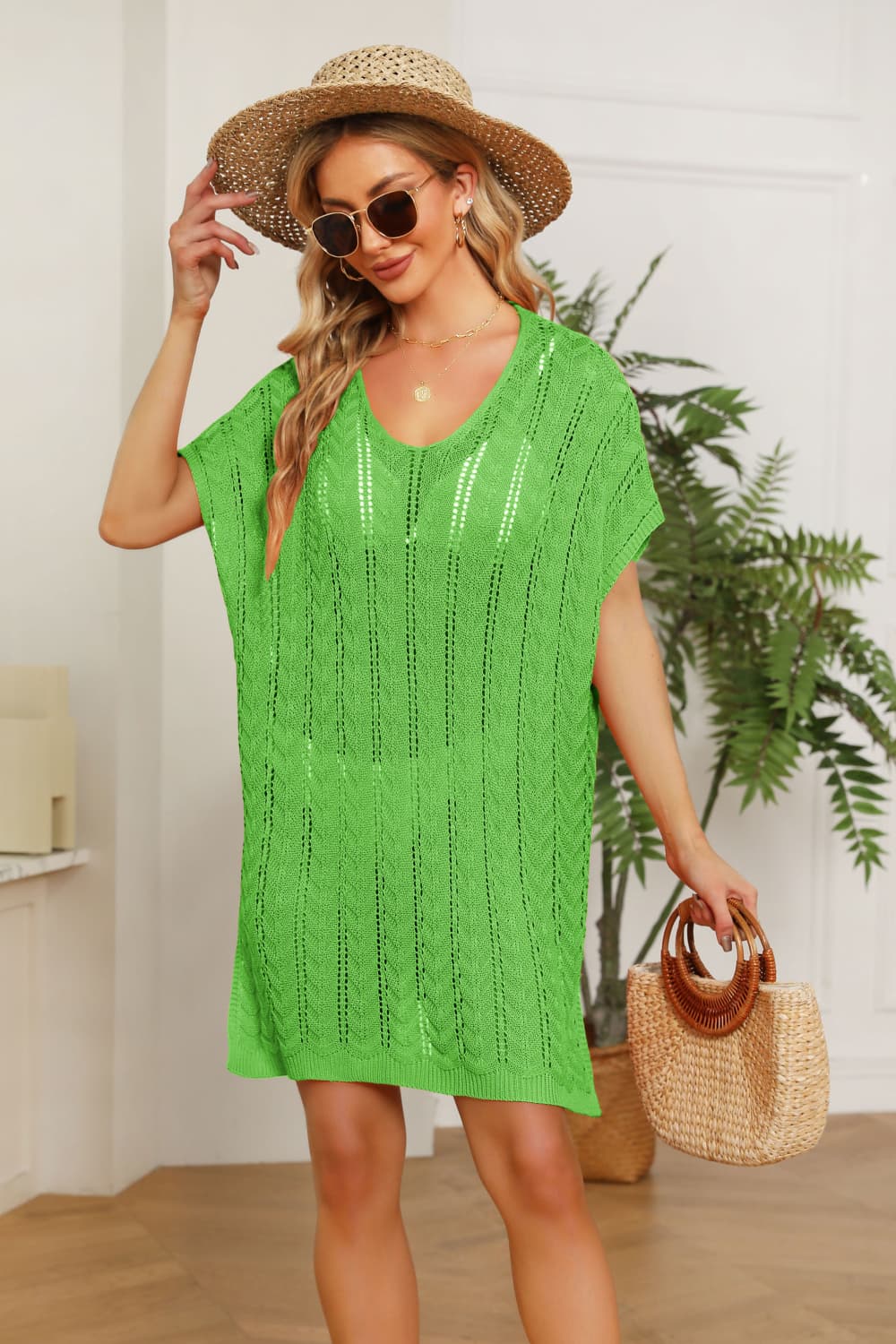 Openwork Side Slit Knit Dress  Sunset and Swim Mid Green One Size 
