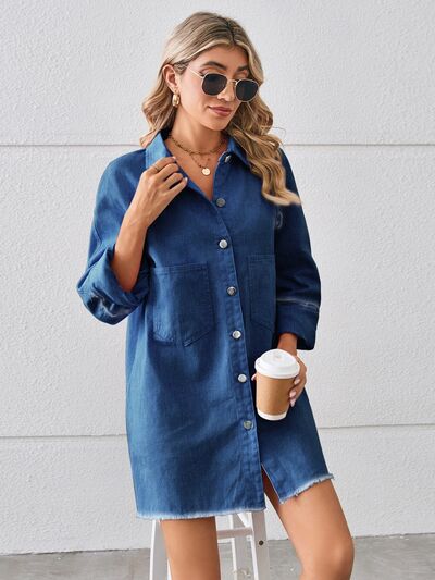 Raw Hem Button Up Denim Dress Sunset and Swim   