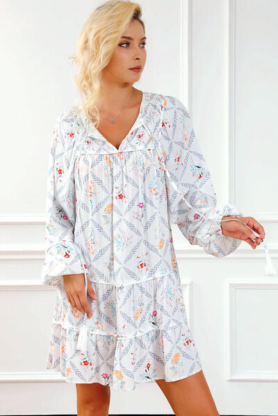 Printed Tie Neck Balloon Sleeve Tiered Dress Sunset and Swim   