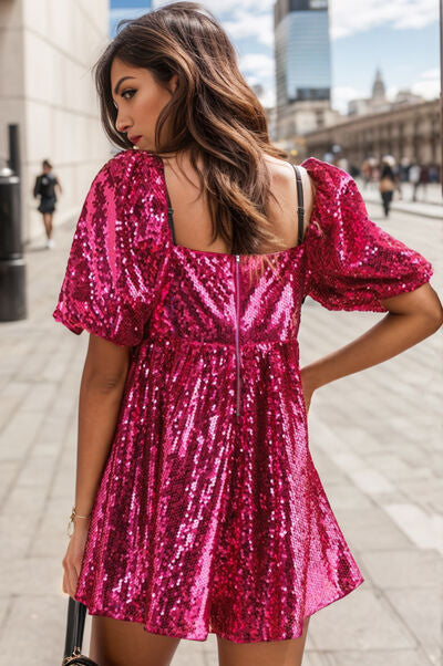 Sequin Square Neck Balloon Sleeve Romper Sunset and Swim   