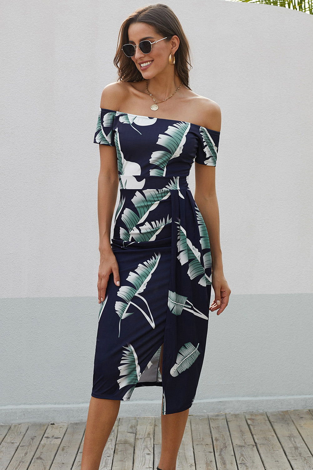 Printed Off-Shoulder Split Dress  Sunset and Swim Dark Navy S 