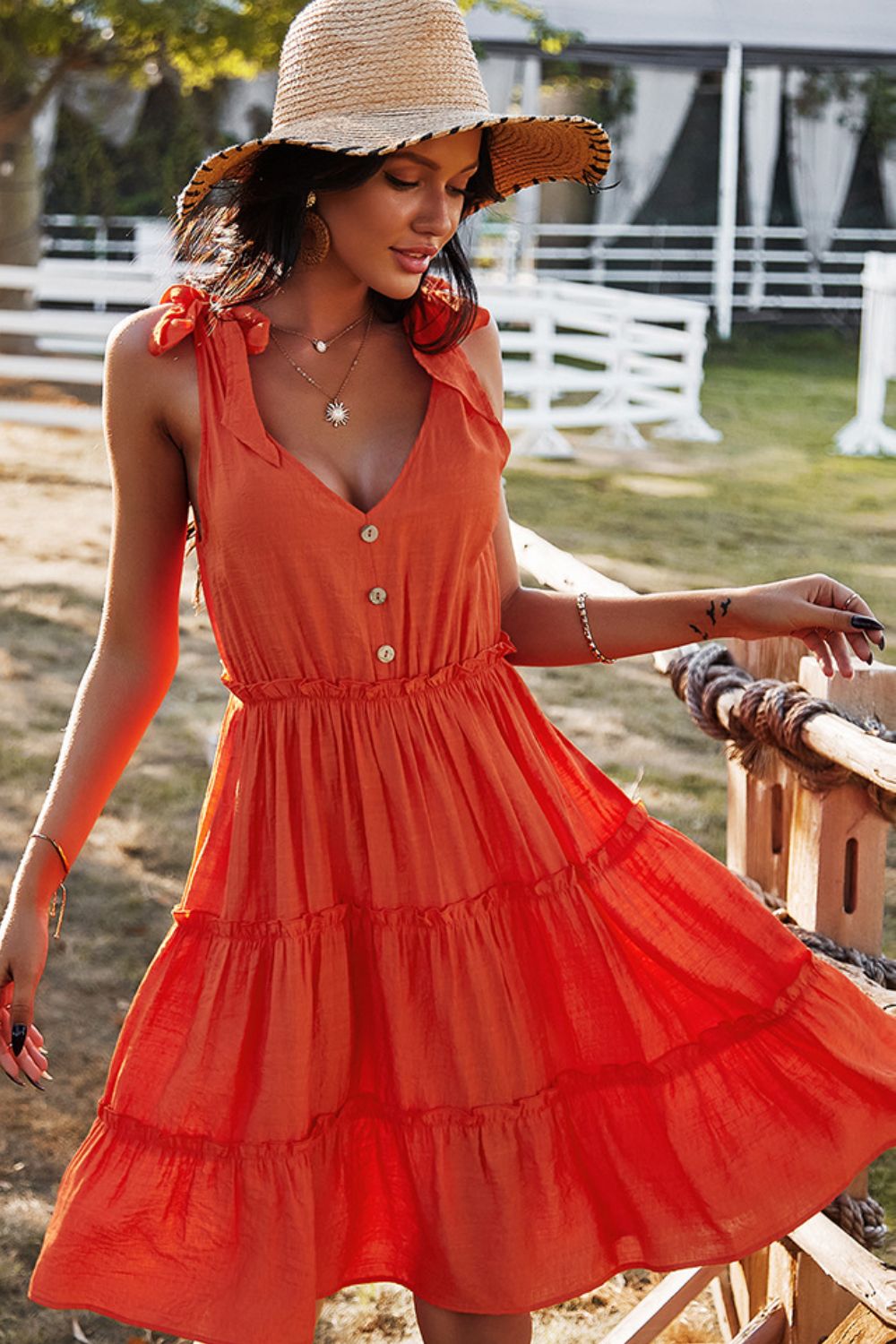 Tie-Shoulder Decorative Button V-Neck Dress Sunset and Swim Red Orange S 