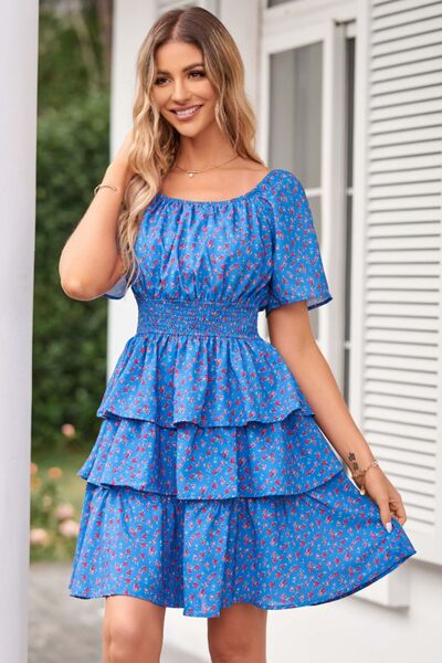 Floral Smocked Short Sleeve Layered Dress Sunset and Swim   