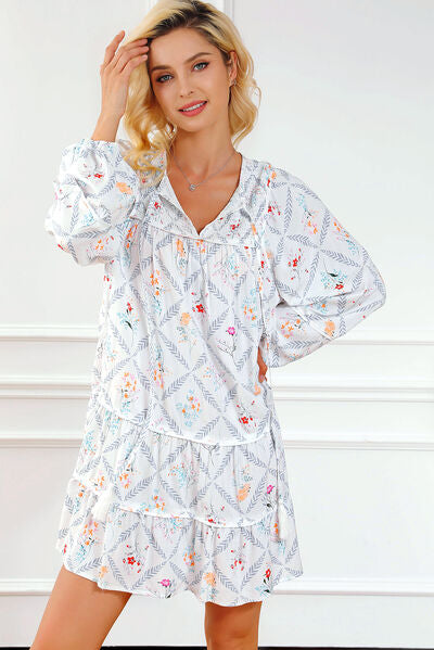 Printed Tie Neck Balloon Sleeve Tiered Dress Sunset and Swim   