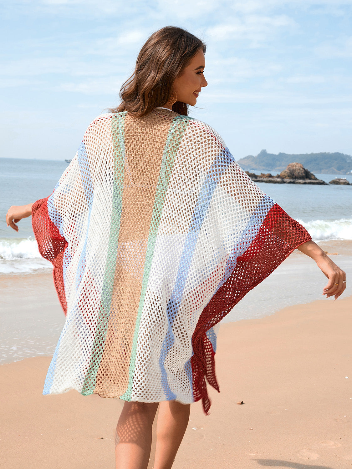 Sunset Vacation  Openwork Color Block Plunge Cover-Up Sunset and Swim   