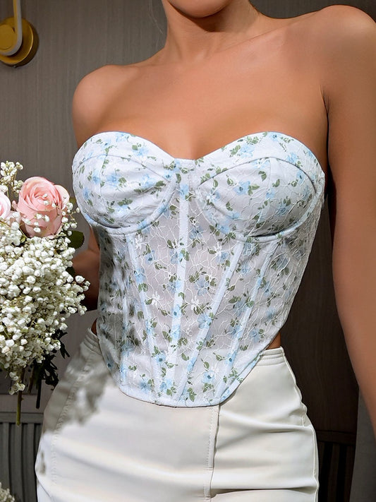 Floral Lace-Up Strapless Bustier  Sunset and Swim Pastel  Blue XS 