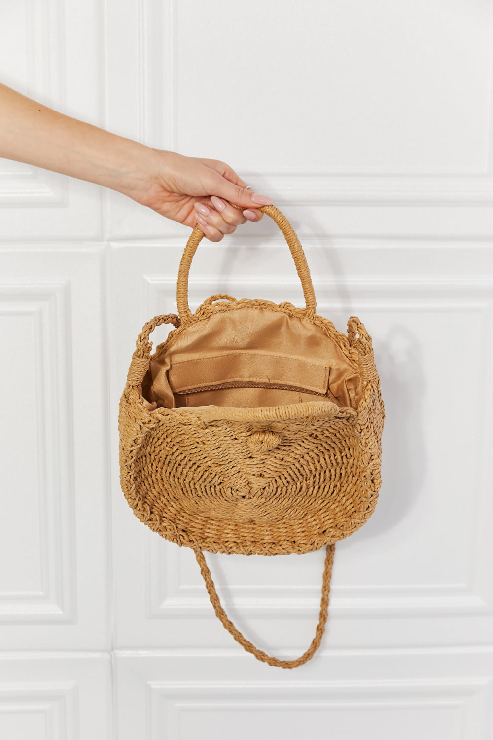 Justin Taylor Feeling Cute Rounded Rattan Handbag in Camel  Sunset and Swim   