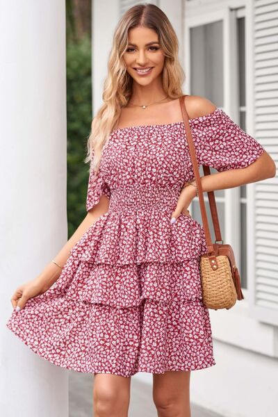 Floral Smocked Short Sleeve Layered Dress Sunset and Swim   