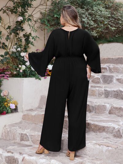 Sunset Vacation  Plus Size V-Neck Long Sleeve Wide Leg Jumpsuit Sunset and Swim   