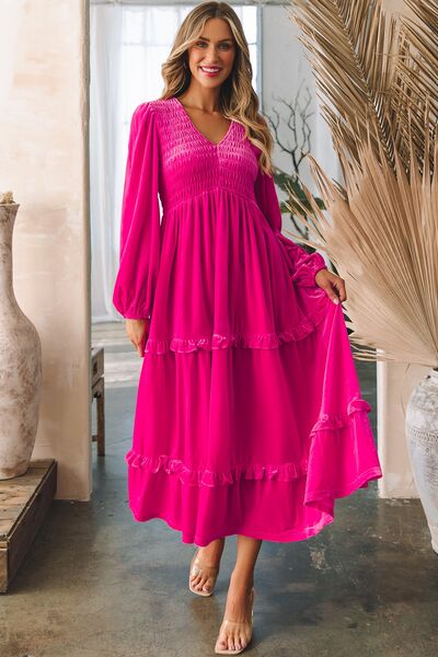 Frill V-Neck Balloon Sleeve Tiered Dress  Sunset and Swim   