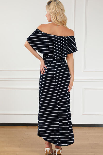 Striped Off-Shoulder Slit Dress Sunset and Swim   