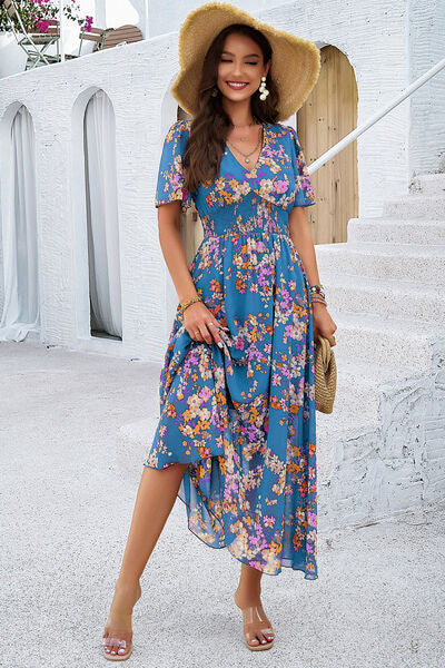 Smocked Floral V-Neck Short Sleeve Dress Sunset and Swim   