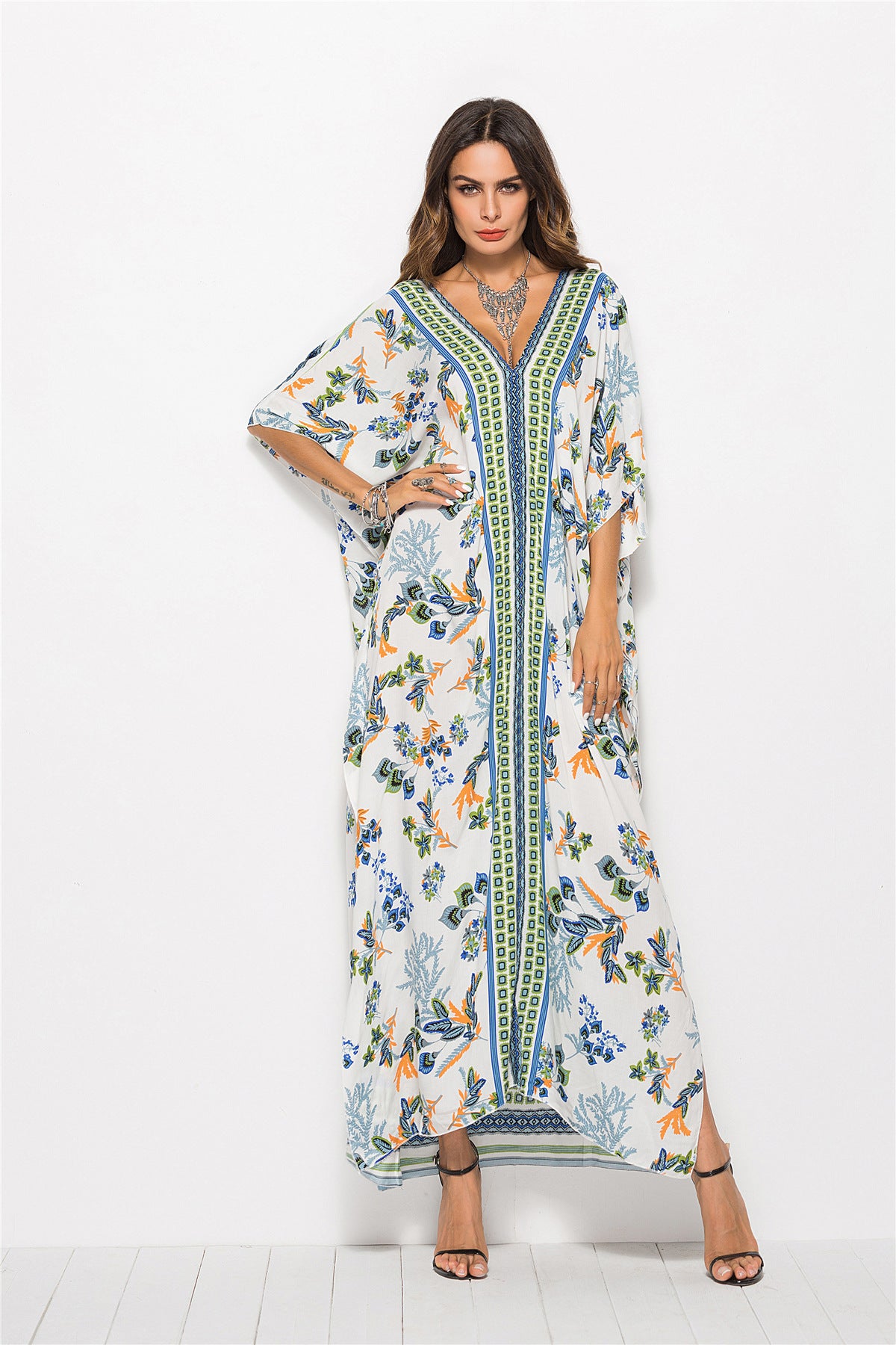 Floral V-Neck Dolman Sleeve swimsuit coverup Dress  Sunset and Swim Light Green One Size 