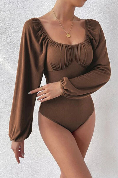 Ruched Balloon Sleeve Bodysuit  Sunset and Swim Chestnut S 