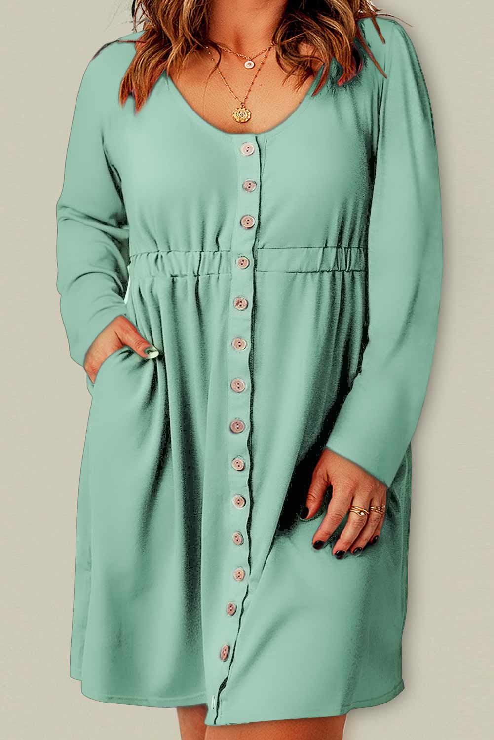 Plus Size Button Front Elastic Waist Long Sleeve Dress  Sunset and Swim Green 1X 