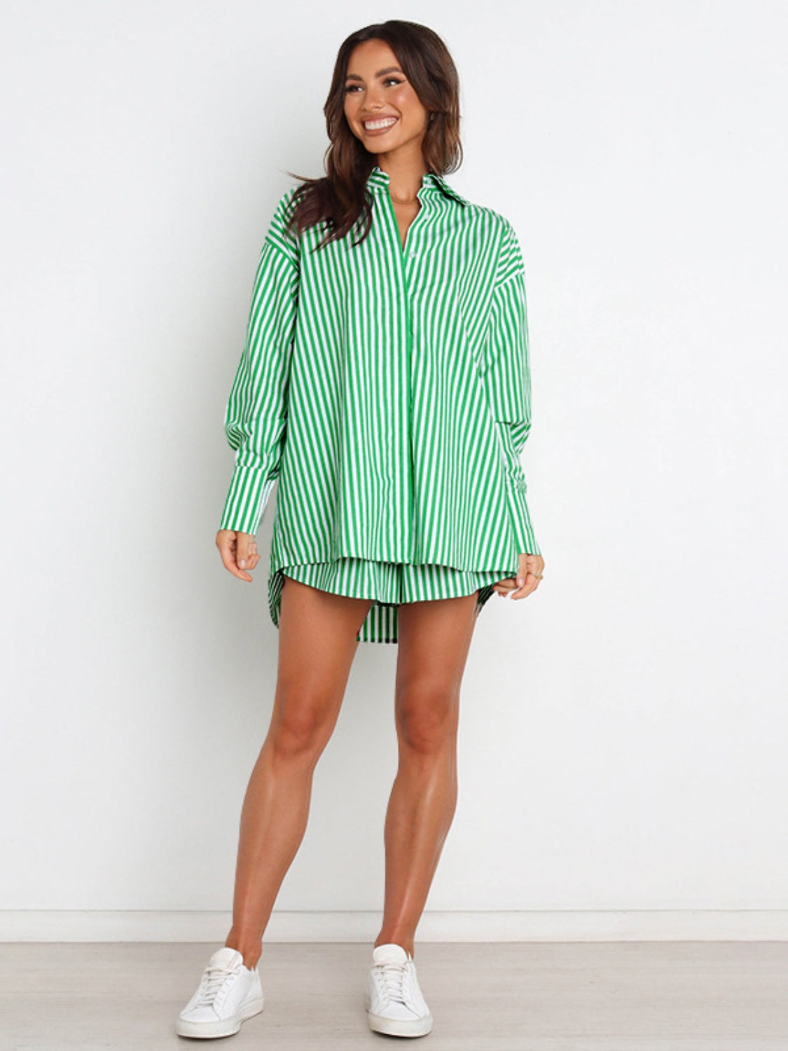 Sunset Vacation  Striped Dropped Shoulder Shirt and Shorts Set Sunset and Swim   
