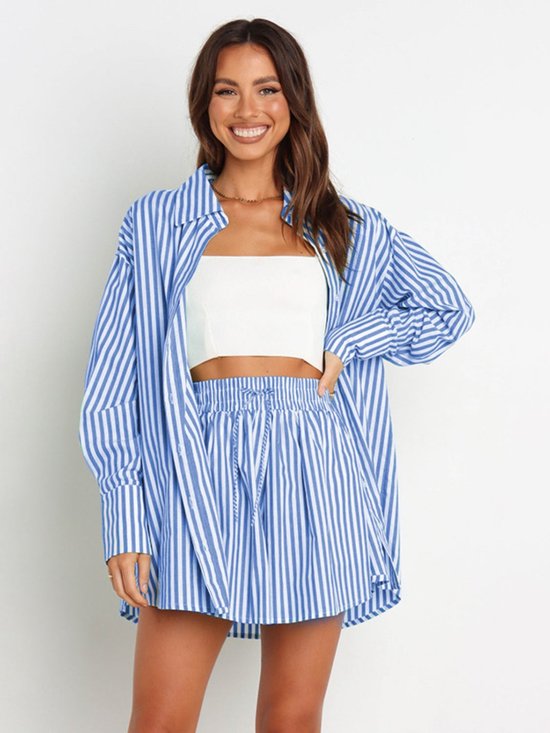 Sunset Vacation  Striped Dropped Shoulder Shirt and Shorts Set Sunset and Swim Misty  Blue S 