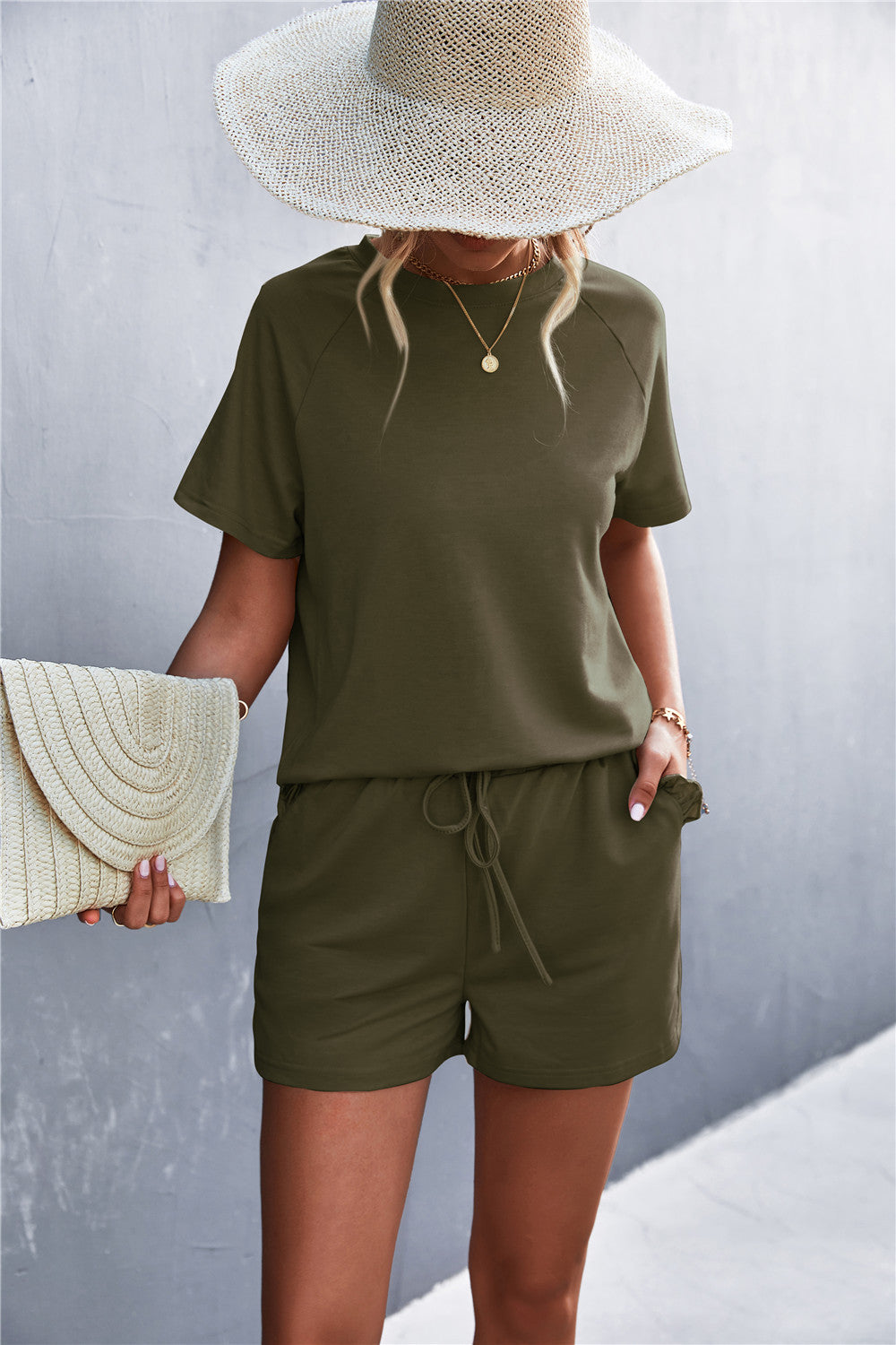 Raglan Sleeve Ruffle Hem Top and Shorts Set with Pockets  Sunset and Swim Army green S 