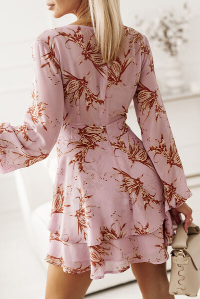 Printed Surplice Balloon Sleeve Mini Dress Sunset and Swim   