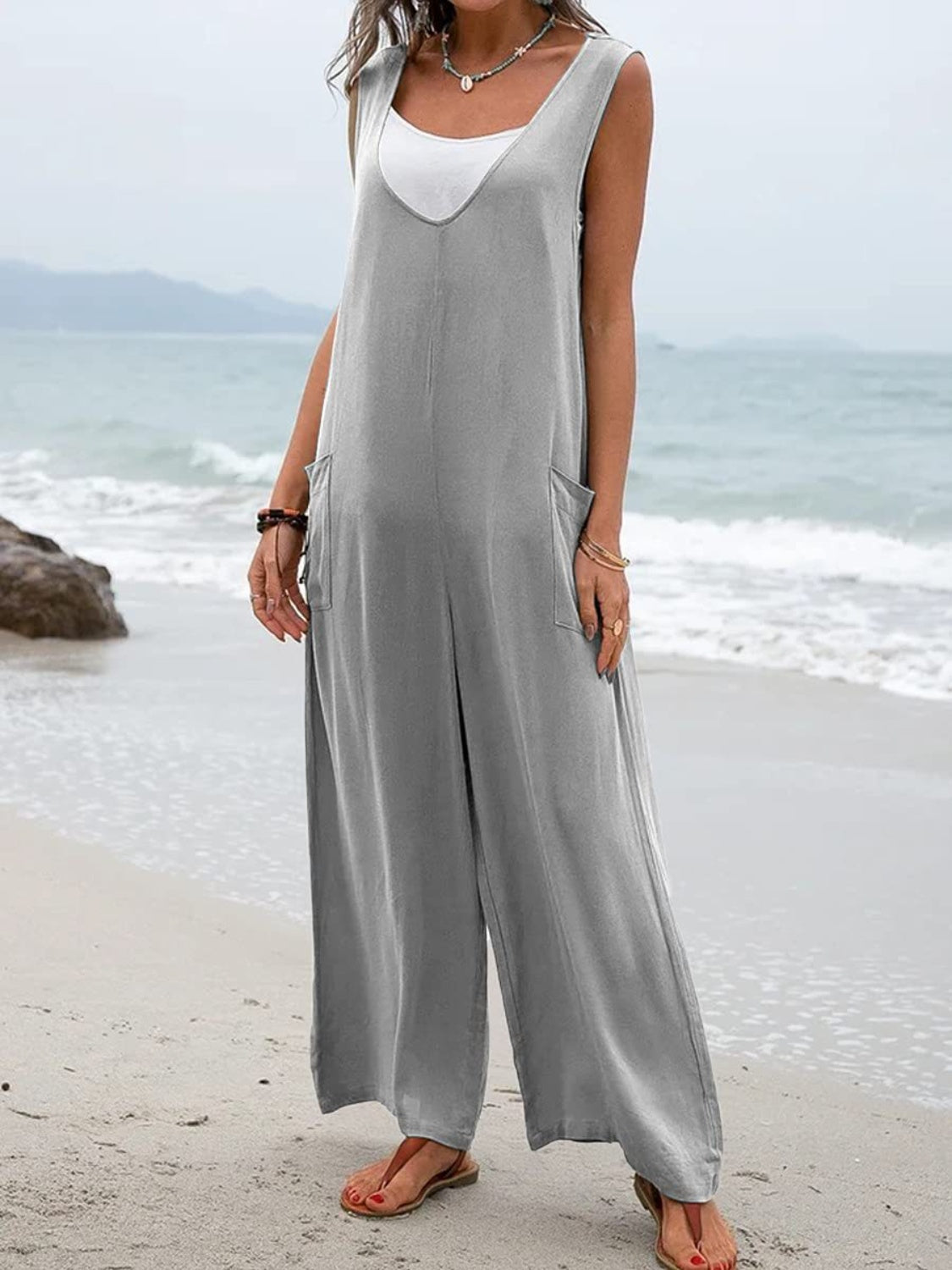 Sunset Vacation  Full Size Wide Strap Jumpsuit with Pockets Sunset and Swim Heather Gray S 