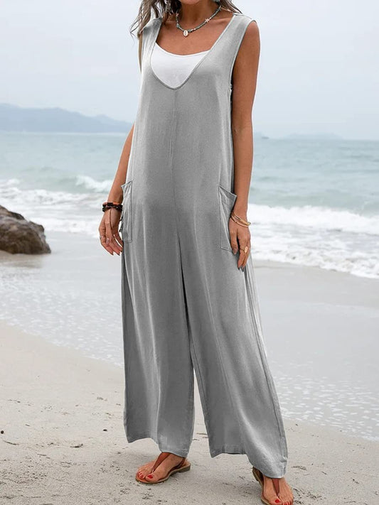 Sunset Vacation  Full Size Wide Strap Jumpsuit with Pockets  Sunset and Swim Heather Gray S 