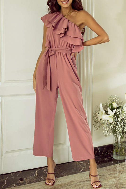 Sunset Vacation  Ruffled Tied One-Shoulder Jumpsuit  Sunset and Swim Light Mauve M 