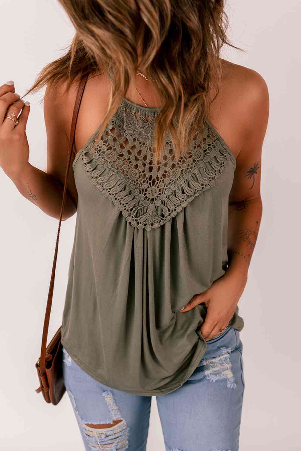 Crochet Lace Detail Tank Top  Sunset and Swim Olive M 