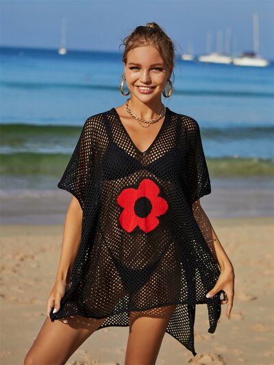 Sunset Vacation  Openwork Flower V-Neck Short Sleeve Cover Up Sunset and Swim   