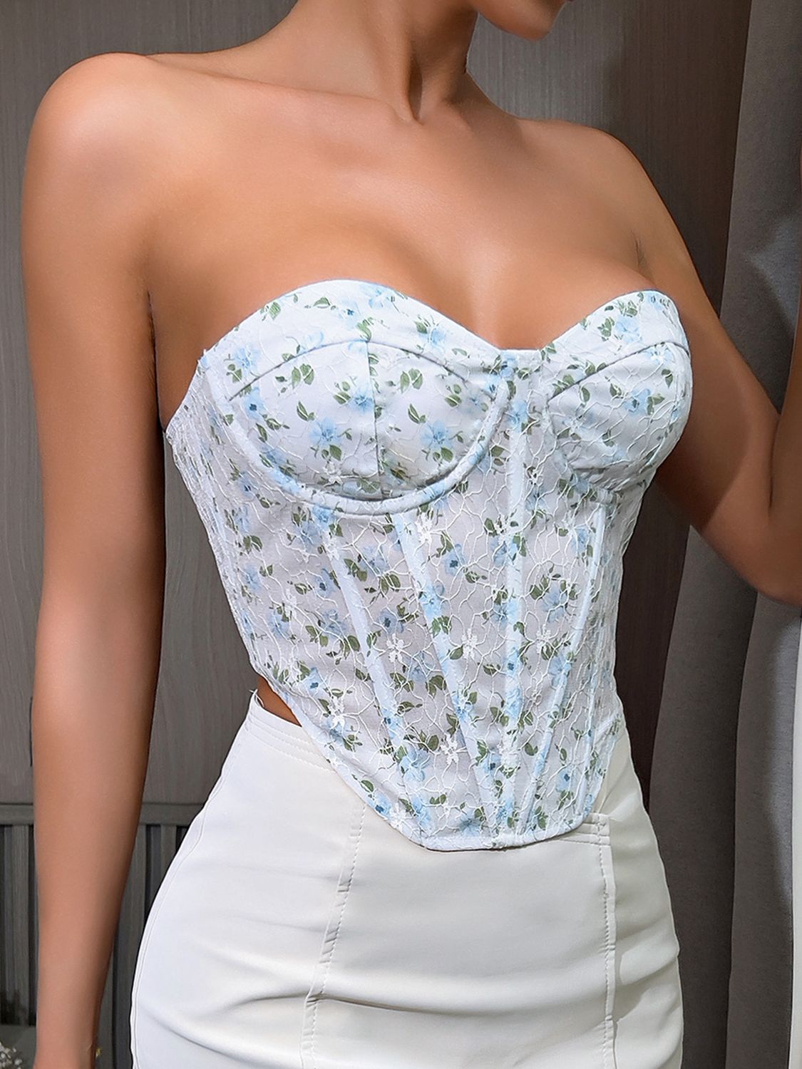 Floral Lace-Up Strapless Bustier  Sunset and Swim   