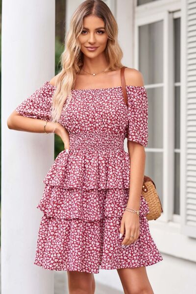 Floral Smocked Short Sleeve Layered Dress Sunset and Swim Wine S 