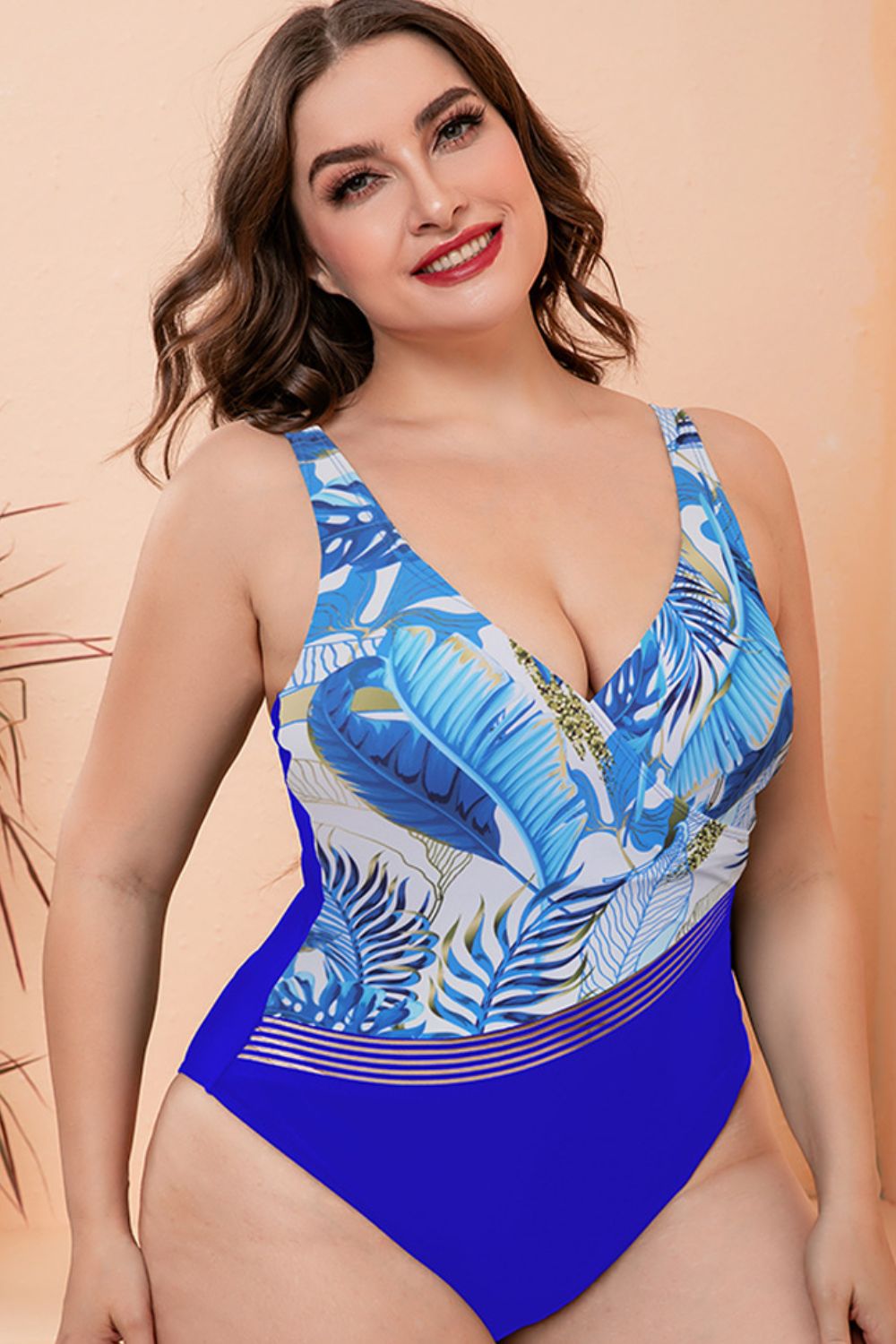 Plus Size Two-Tone Plunge One-Piece DD+ Swimsuit  Sunset and Swim Blue Floral M 