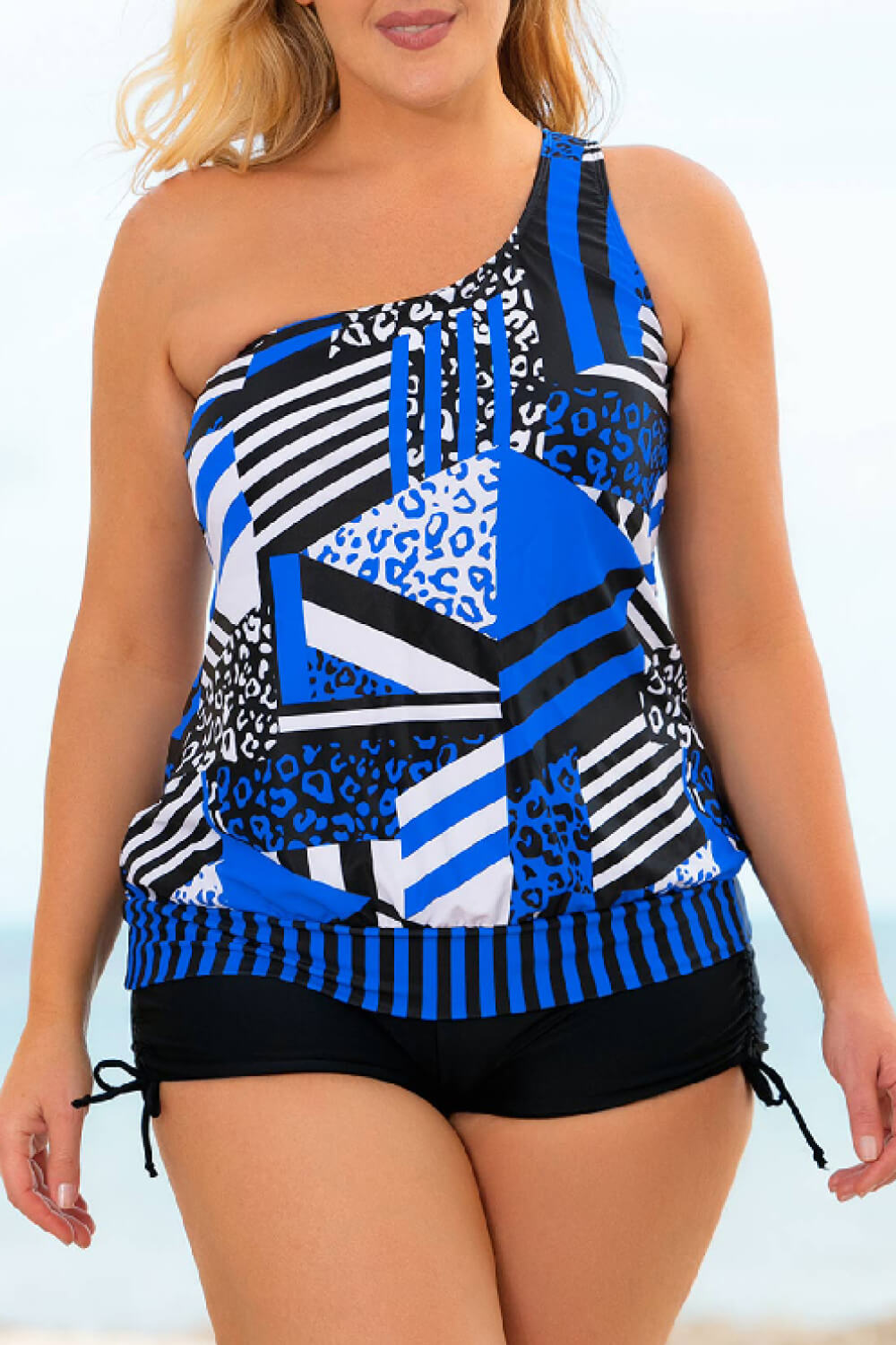 Sunset and Swim Plus Size Patchwork Tied One-Shoulder Tankini Set  Sunset and Swim Royal  Blue 0X 