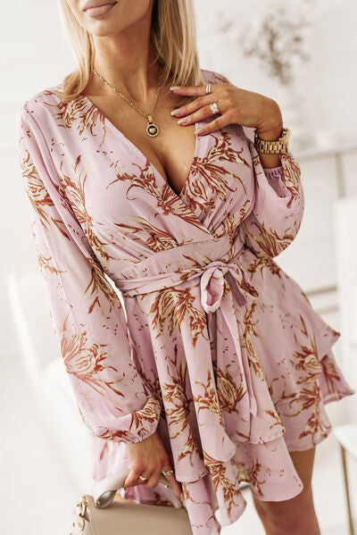 Printed Surplice Balloon Sleeve Mini Dress Sunset and Swim Lilac S 