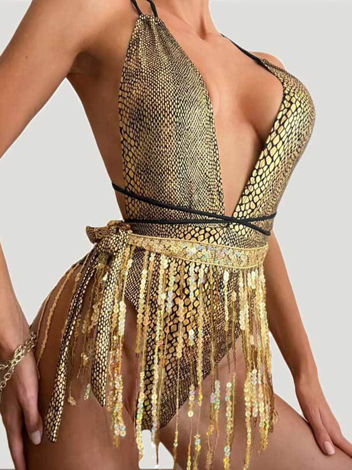 Sunset Vacation  Tied Sequin Plunge One-Piece Swimwear  Sunset and Swim   
