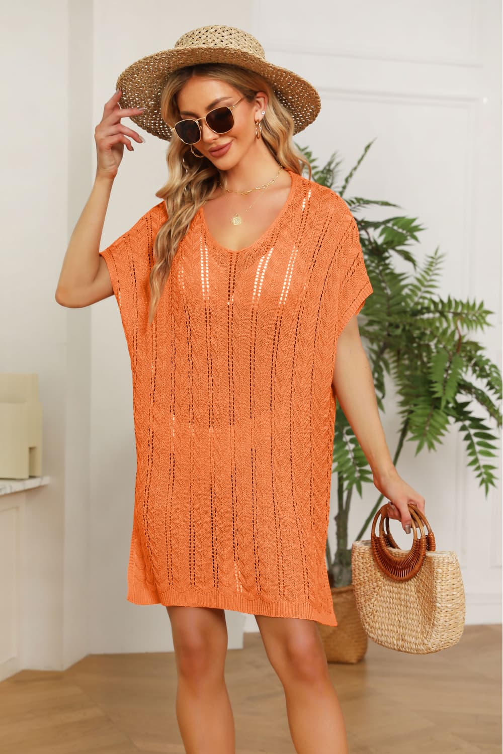 Openwork Side Slit Knit Dress Sunset and Swim Orange One Size 