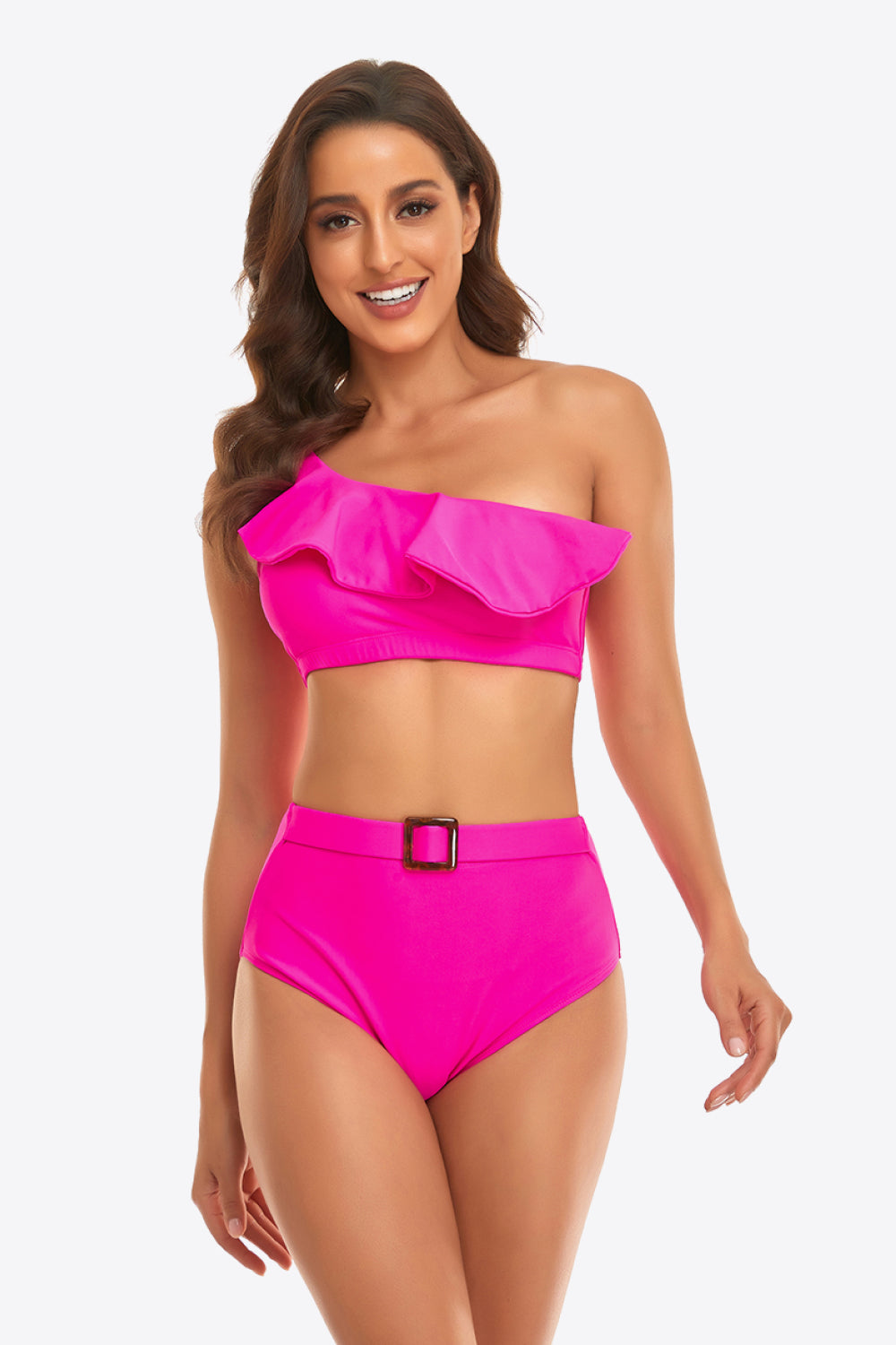 Ruffled One-Shoulder Buckled Bikini Set  Sunset and Swim Hot Pink S 