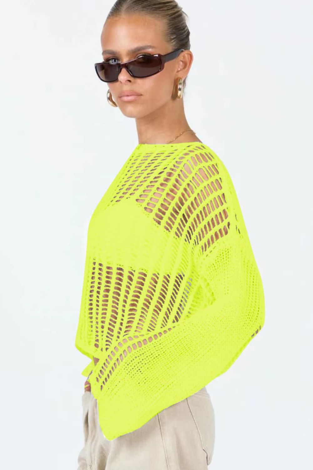 Openwork Boat Neck Long Sleeve Cover Up  Sunset and Swim   