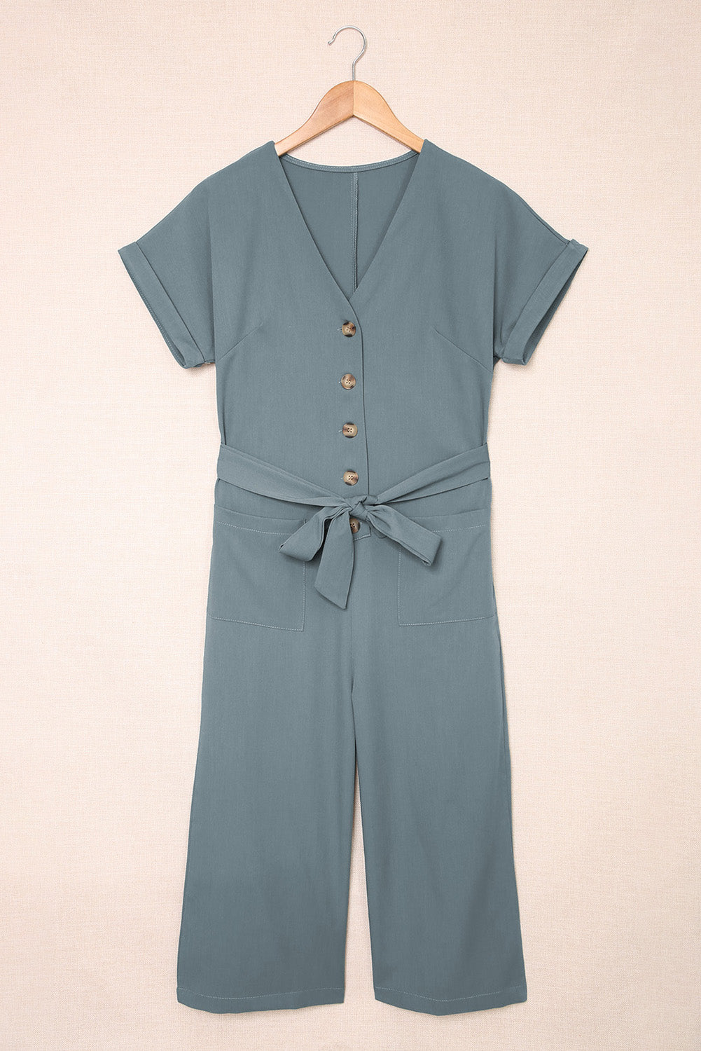 Tie-Waist Buttoned Cropped Jumpsuit  Sunset and Swim   