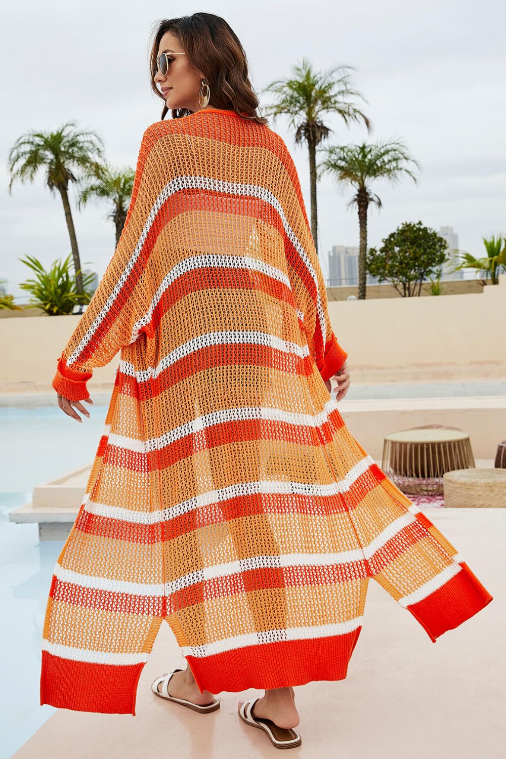 Striped Open Front Side Slit Duster Cover Up  Sunset and Swim   