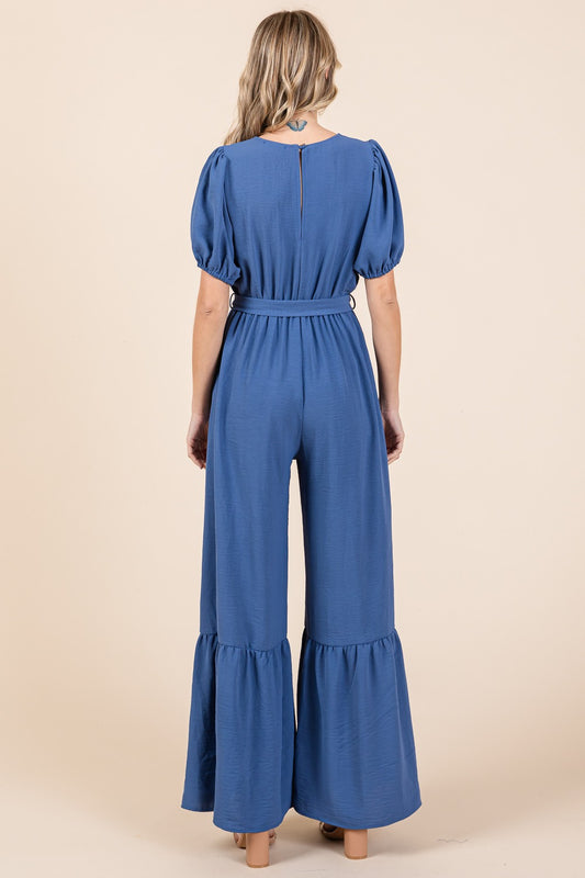 Sunset Vacation  GeeGee Full Size V-Neck Belted Wide Leg Jumpsuit  Sunset and Swim   