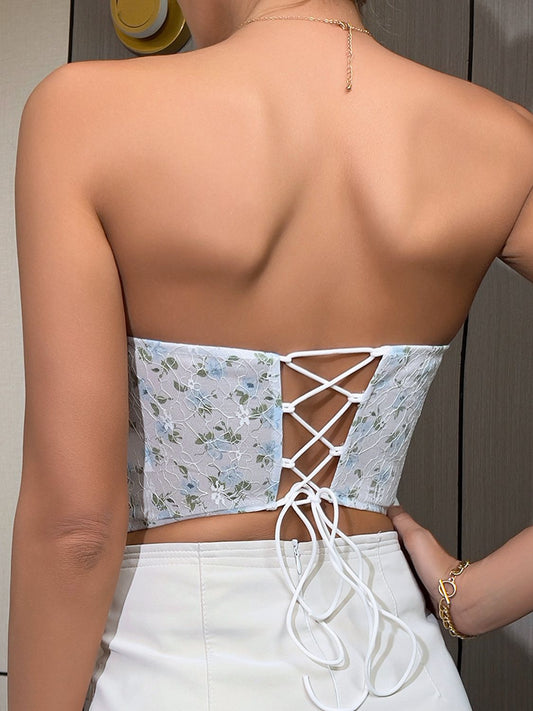 Floral Lace-Up Strapless Bustier  Sunset and Swim   